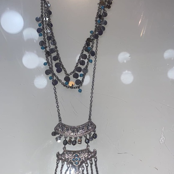 Silver & Teal multi level Tribal Necklace - Picture 2 of 3